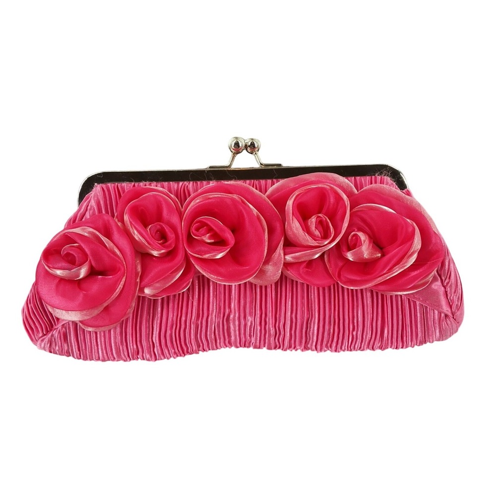 Hot Pink Satin Pleated Evening Clutch Bag with 3D Rosettes Kiss Lock Closure